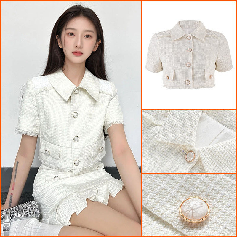 Summer new Xiaoxiangfeng exquisite light luxury high-end rough edge short-sleeved top ruffle leaf edge skirt set L4125