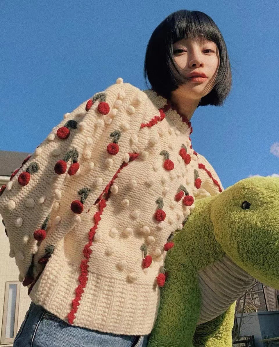 2025 se@23 autumn and winter new handmade stick and needle sweater three-dimensional cherry crochet sleeve sweater women 31598