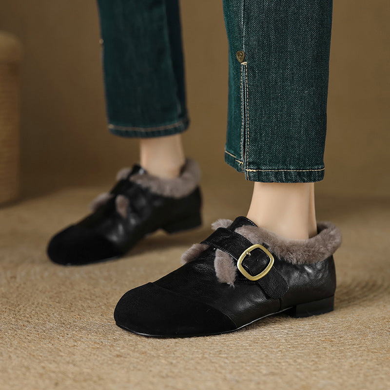 2025 retro flat-soled small leather shoes women's popular new autumn and winter thickened deep-mouth single shoes comfortable cotton shoes