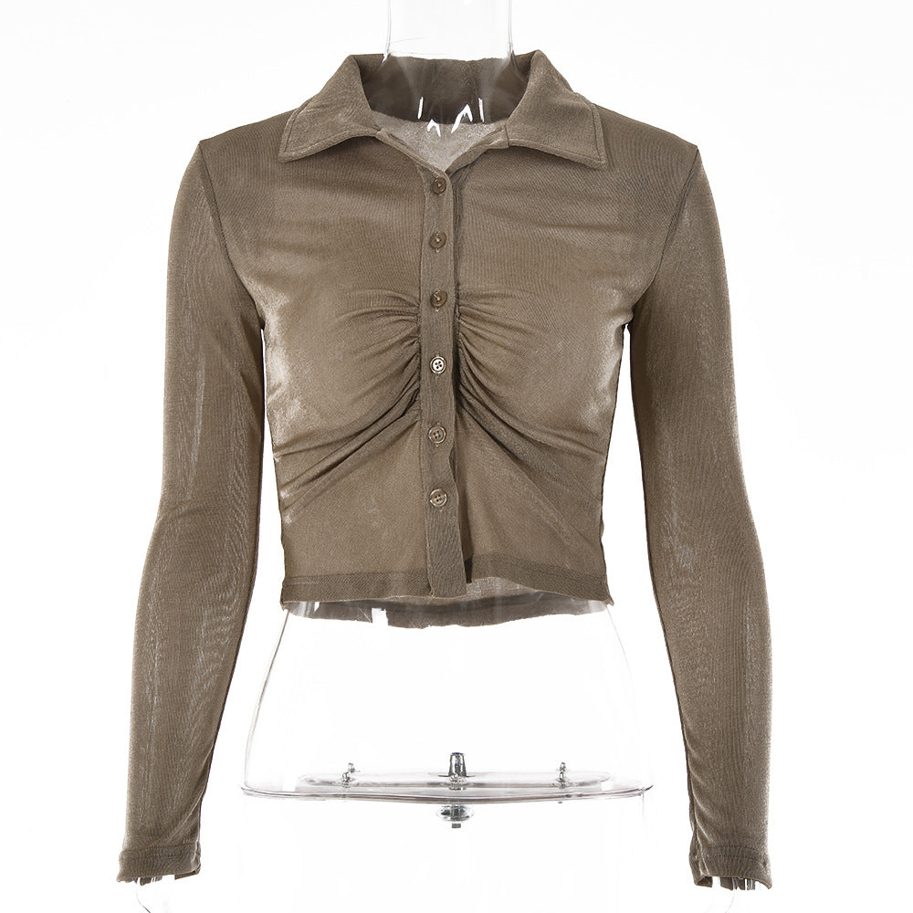2025 Popular and ins summer new retro cardigan pleated single-breasted T-shirt solid color sexy lapel shirt top women