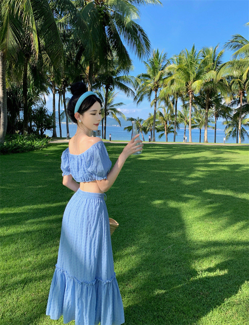 2025 One-word shoulder texture pleated bubble sleeves short tube top summer high waist skirt beach two-piece set