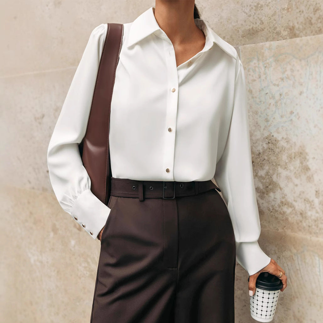 2025 white chiffon temperament lapel commuter professional shirt spring and summer fashion new women's top