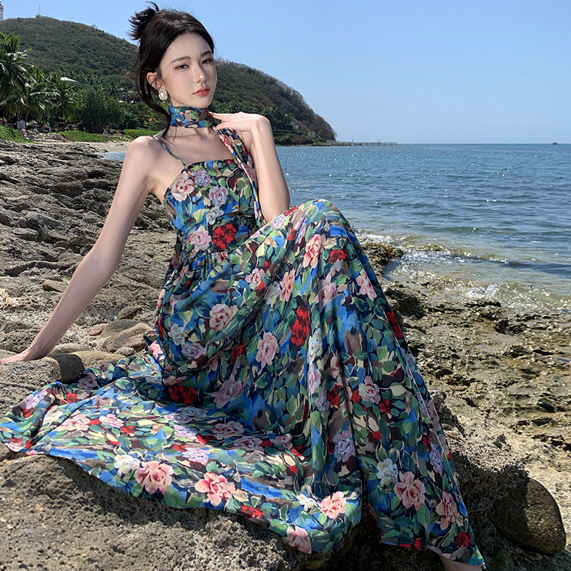 2025 Dopamine wears coffee break oil painting floral suspender dress women's summer waist seaside vacation long dress