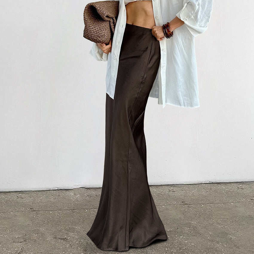 2025 Autumn and winter classic brown retro style thick matte satin high waist slim fit versatile and thin niche fishtail skirt women