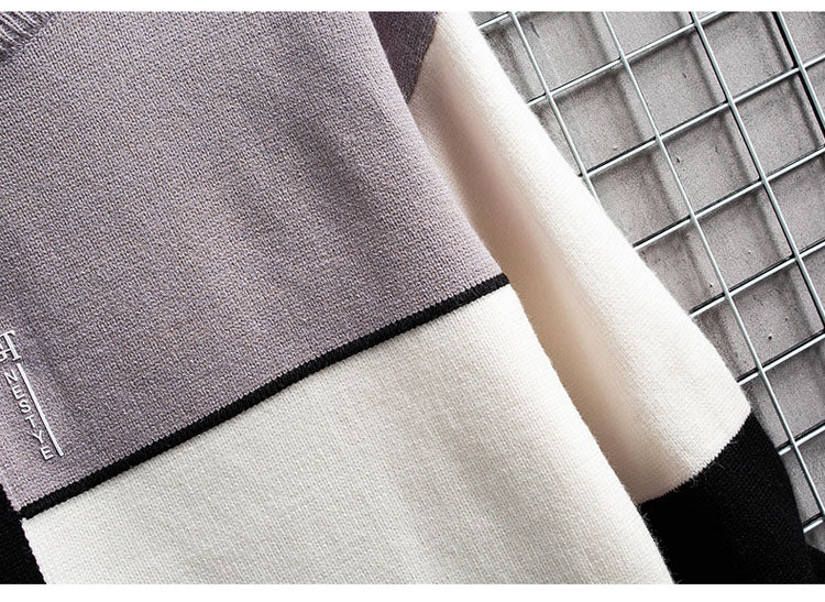Bonsir autumn and winter new sweater warm fashion stitching color matching pullover round neck sweater thickened knitted sweater