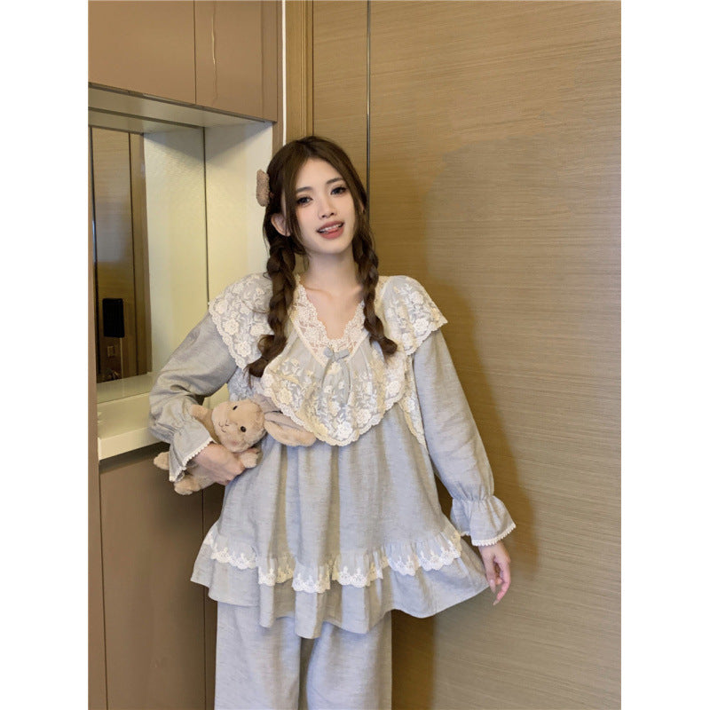 2025 Pajamas women's spring and autumn Korean version of long-sleeved solid color sweet and simple girl lace lace can be worn outside loungewear suit
