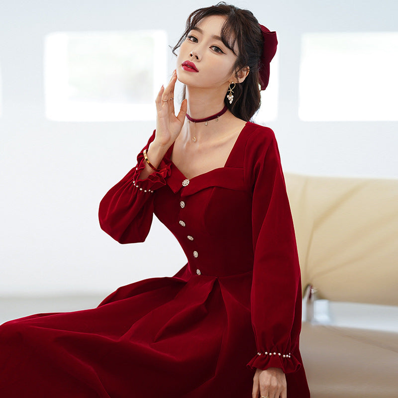 2025 Large size toast spring and summer long-sleeved burgundy waist thin engagement wedding dress thank you banquet evening dress