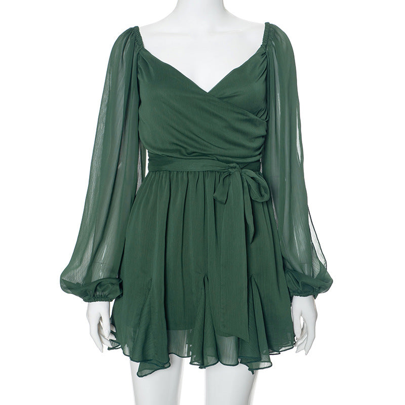 2025 D24DS067 2025 women's clothing summer new solid color casual mesh long-sleeved straps backless slim short dress