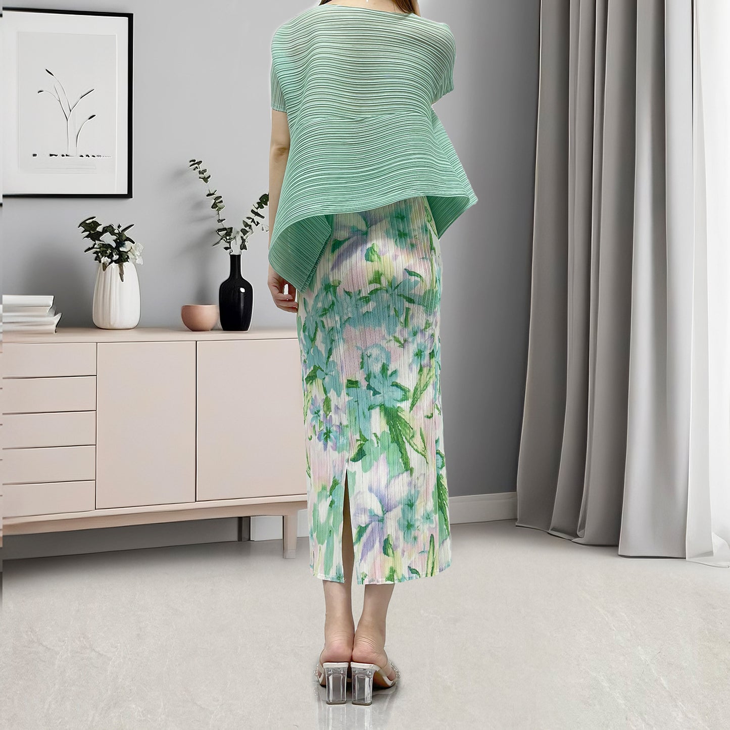 suit women's clothing high-end commuting summer popular short-sleeved T-shirt split-ended hip skirt two-piece set