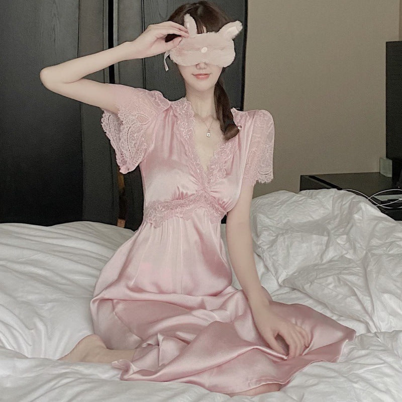 2025 Sexy short-sleeved long nightgown women's summer thin thin lace pajamas thin retro dress women's trend