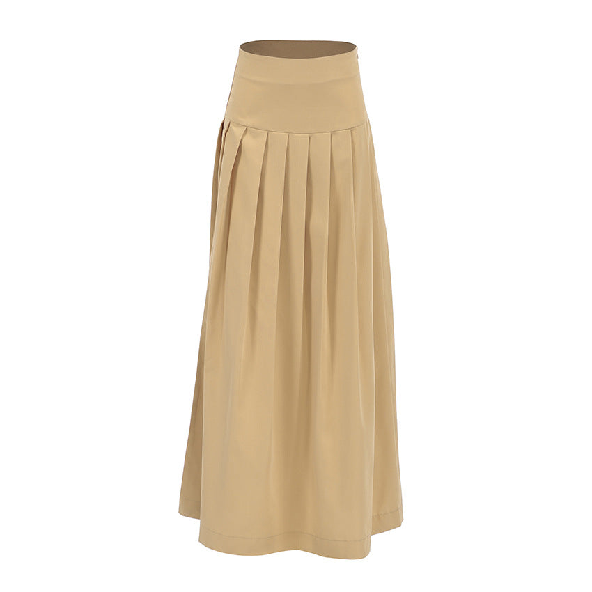 2025 Spring and summer classic retro fashion khaki casual high waist pleated commuting sexy skirt wholesale long skirt