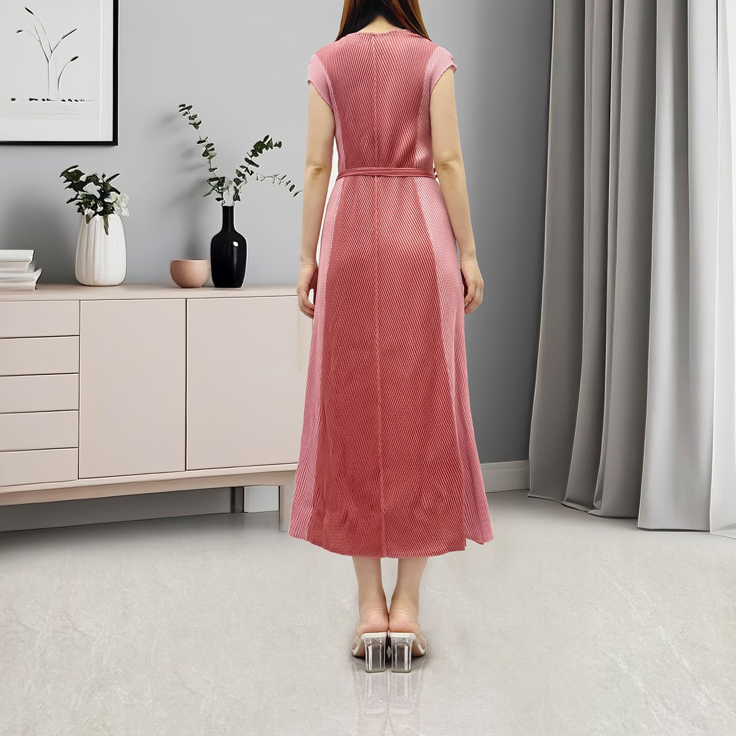women's high-end dress fish scale pleated v-neck tie contrasting color fashionable temperament elegant medium and long skirt Popular style
