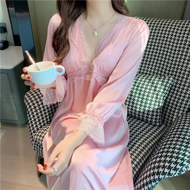 2025 Sexy nightgown women's spring, summer and autumn ice silk long-sleeved pajamas with chest pads, lace lace hollow long dress, thin loungewear