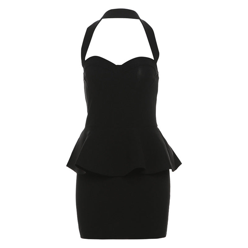 2025 style popular summer new women's clothing temperament casual high waist neck hip slim solid color dress