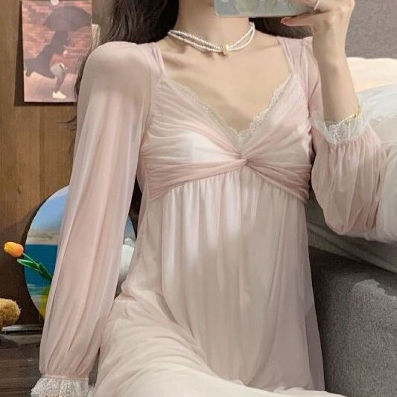 2025 Lace mesh princess style nightdress women's spring new sweet long loungewear pajama skirt with chest pad