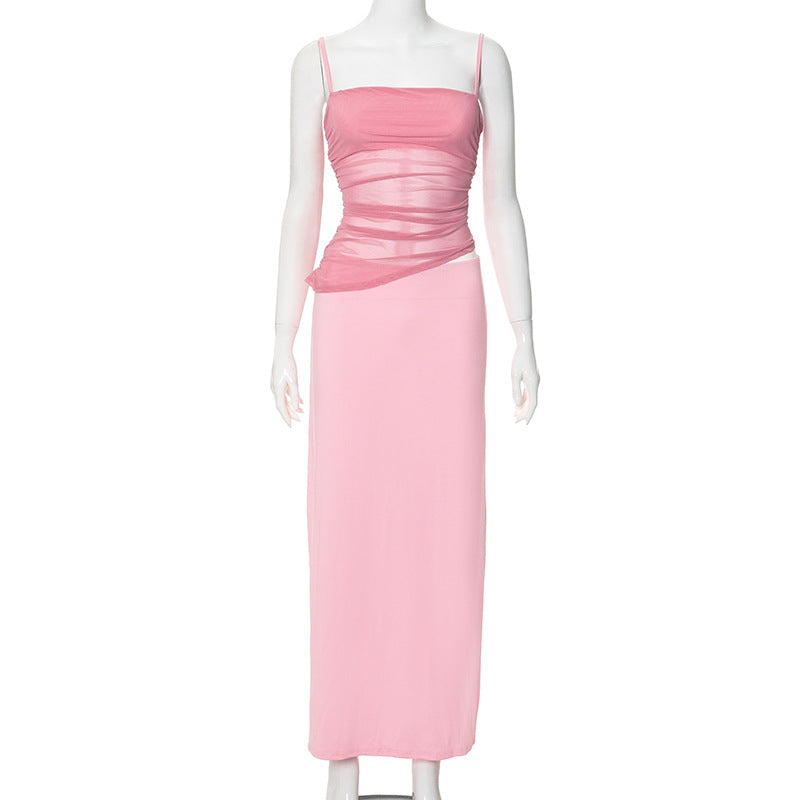 2025 R24ST032 2025 women's clothing summer new solid color casual sleeveless pleated suspender top slim dress set