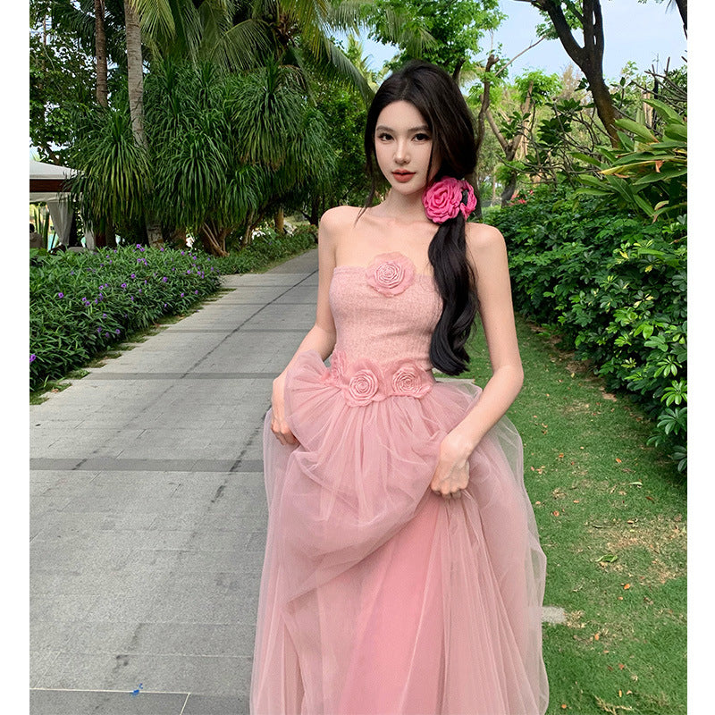 2025 pure desire bridesmaid dress graduation party evening dress skirt femininity tube top dress mesh suit female summer