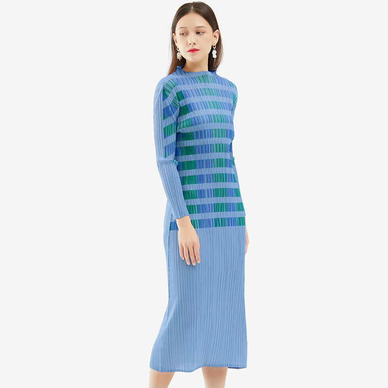 2025 spring new clothing pleated temperament slim half turtleneck dress long sleeve straight slim medium and long dress women