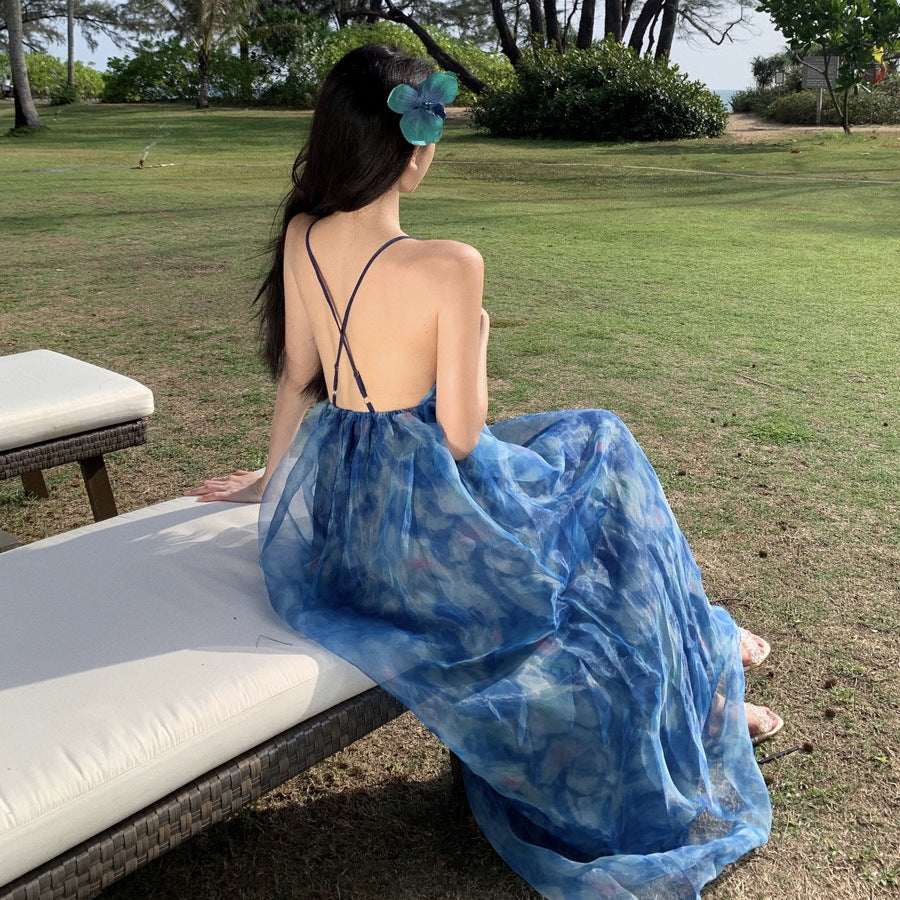 2025 Blue pure desire floral suspender dress female summer seaside vacation atmosphere sexy backless beach fairy long dress