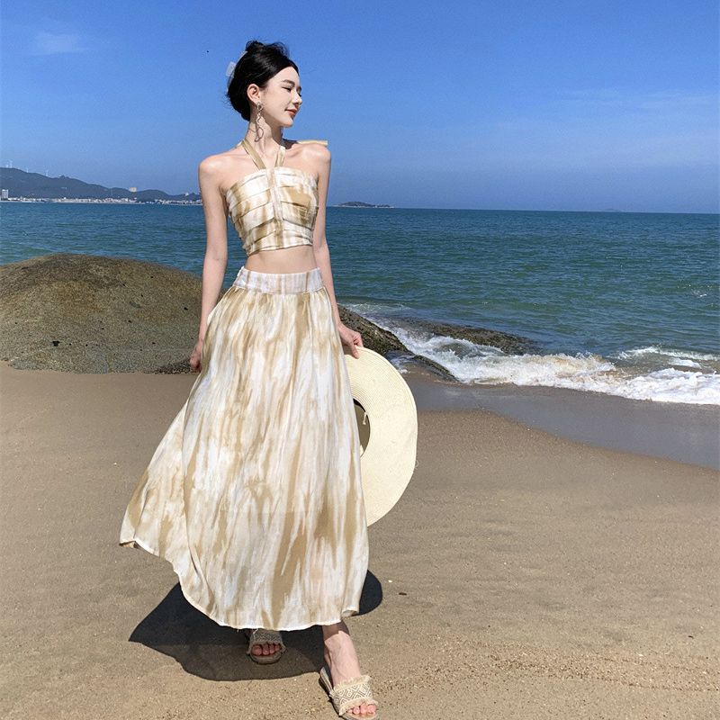 2025 Premium coffee break seaside vacation half-length dress women's summer ink tube top suspender fashionable two-piece suit