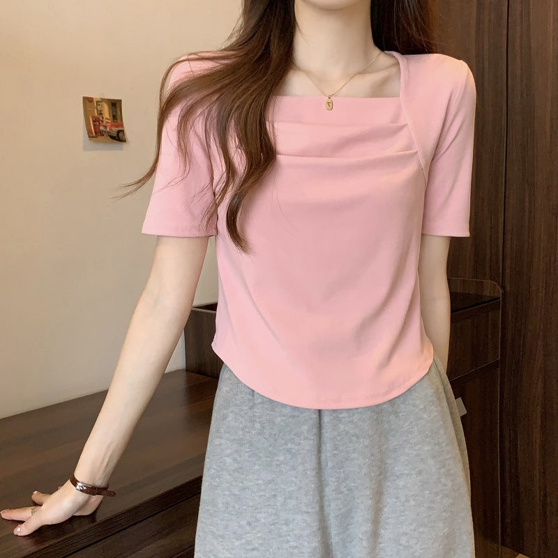 Spring women's 2025 new pink unique chic square neck short-sleeved shirt irregular pleated short top tide