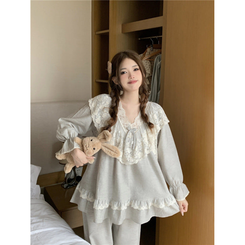 2025 Pajamas women's spring and autumn Korean version of long-sleeved solid color sweet and simple girl lace lace can be worn outside loungewear suit