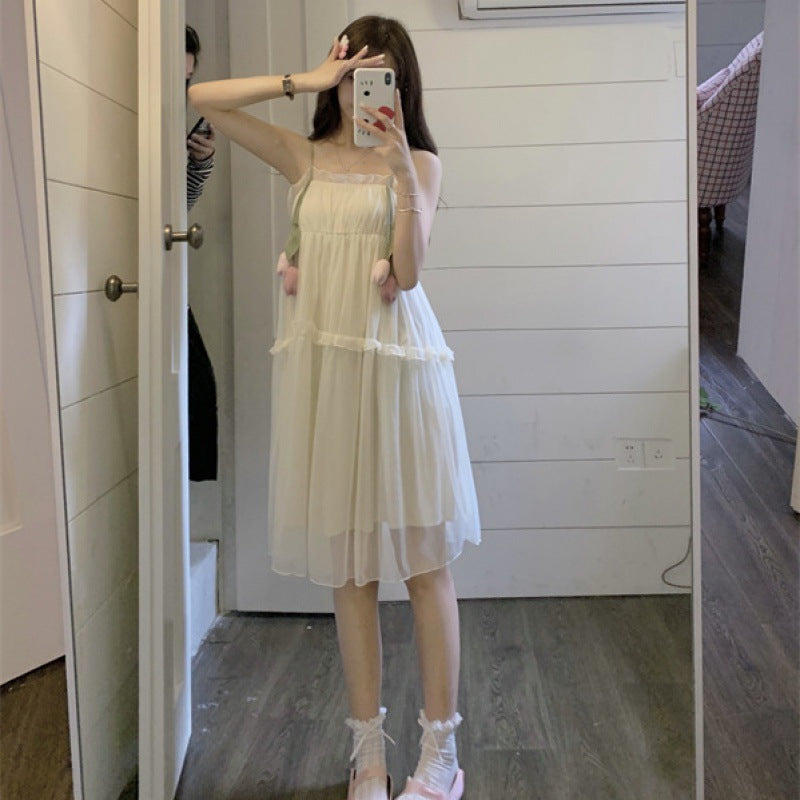 2025 Pure lust lace tulip suspender nightdress girl with chest pad summer sweet and cute pajamas loose home clothes