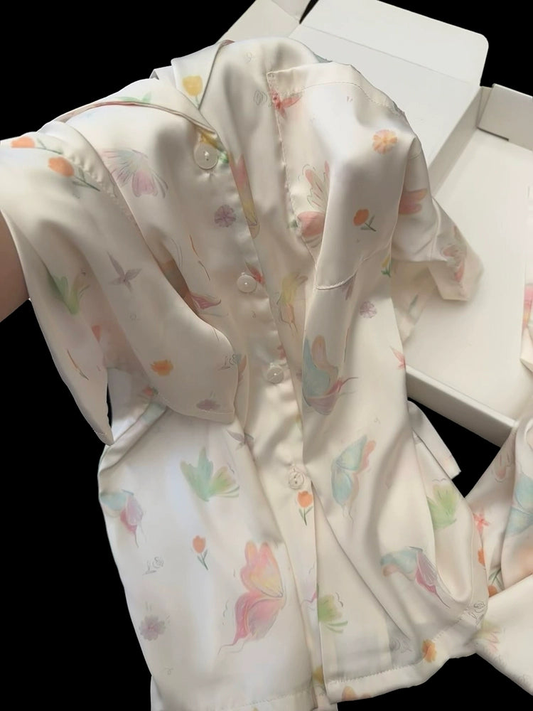 summer ice silk pajamas women's short-sleeved three-piece set sweet butterfly summer light and cool loungewear