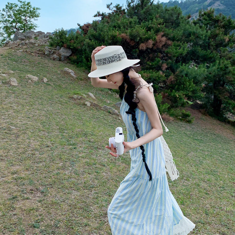 2025 Small blue striped suspender dress children's summer new Sanya seaside vacation beach dress