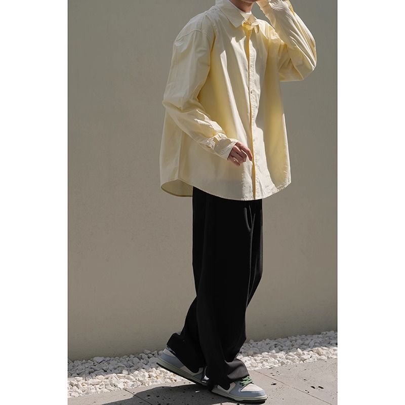 sanyamk mens fall fashion Autumn Basic Japanese Color Loose All-Match Handsome Cream Retro Simple Workwear Long Sleeve Shirt for Men and Women
