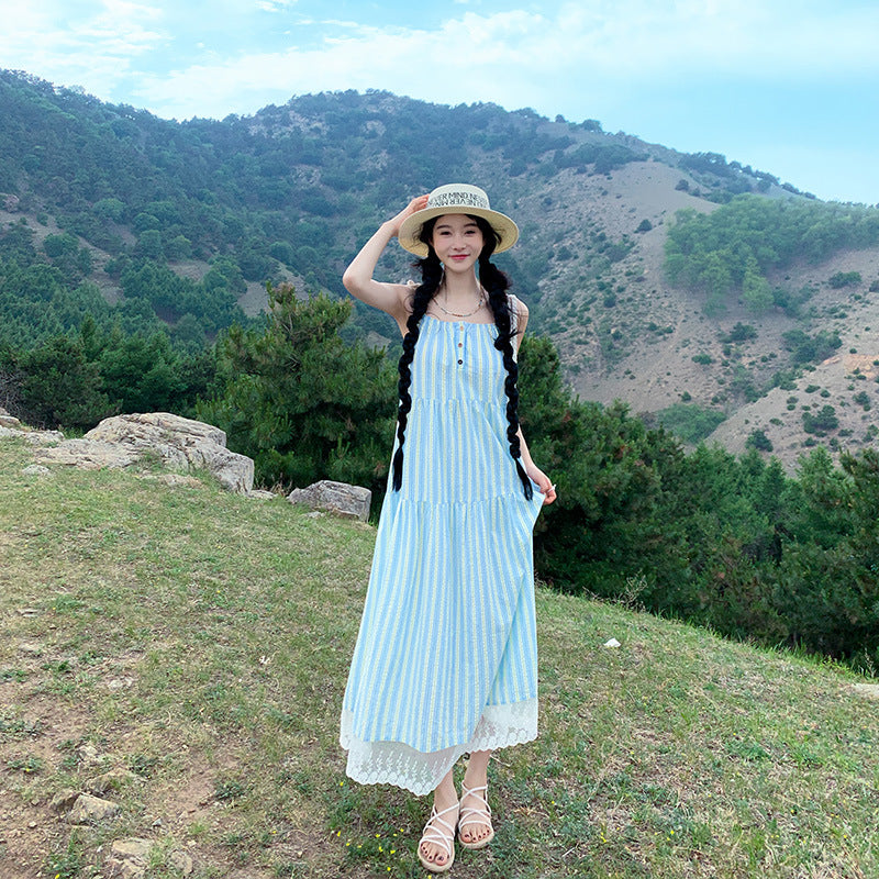 2025 Small blue striped suspender dress children's summer new Sanya seaside vacation beach dress