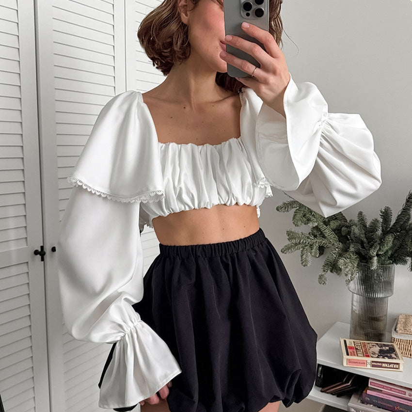 2025 White imitation satin acetate square neck lotus leaf sleeve lace shirt spring and summer fashion new open-button top