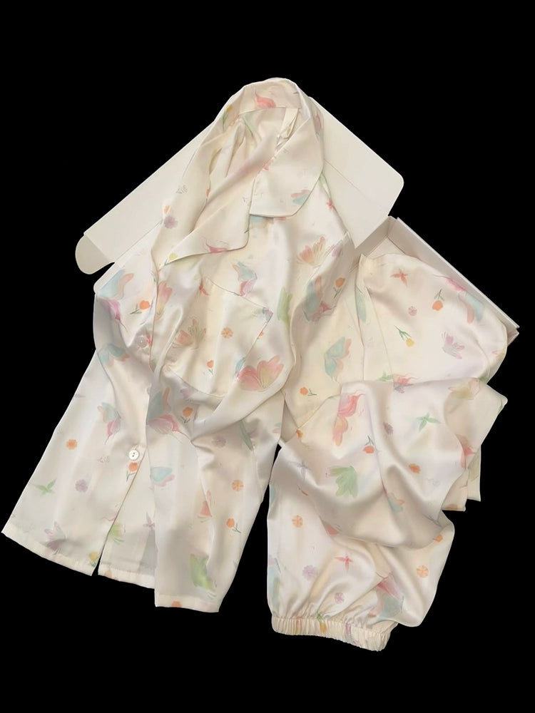 summer ice silk pajamas women's short-sleeved three-piece set sweet butterfly summer light and cool loungewear