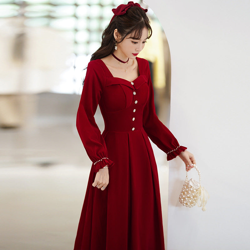 2025 Large size toast spring and summer long-sleeved burgundy waist thin engagement wedding dress thank you banquet evening dress