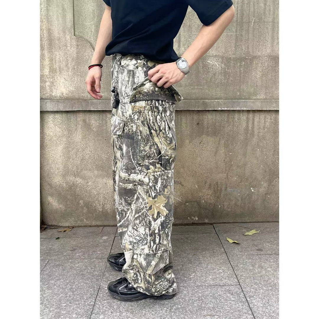 sanyamk frat boy outfit American Branch Pattern Vintage Washed Old White Camouflage Wide Leg Casual Pants Four Seasons Loose Overalls