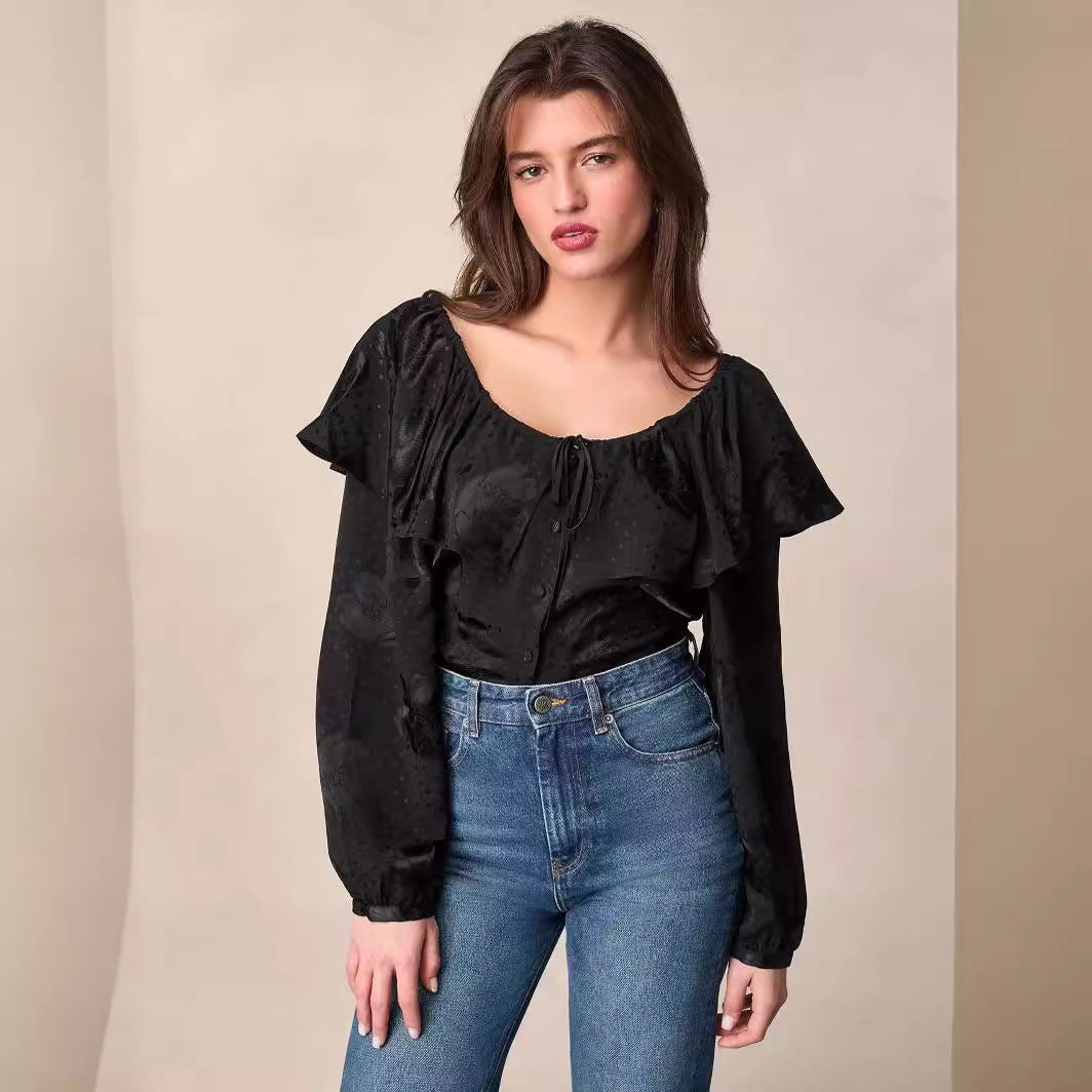 2025 Spring and summer 24 new silk dark pattern jacquard bubble sleeve shirt ruffle edge lapel top design sense