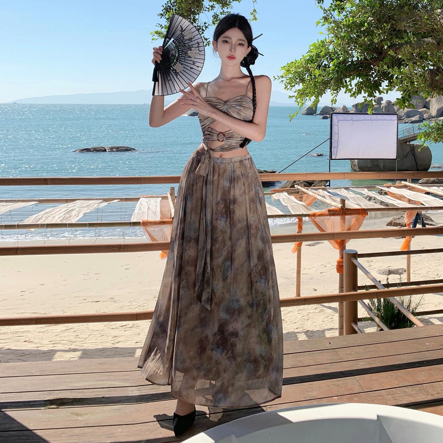 2025 New Chinese ink smudge skirt set women's summer design sense suspender tube top skirt long dress two-piece dress