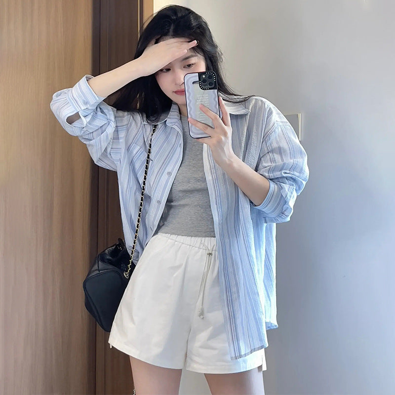 temperament striped sunscreen shirt women's summer shirt 2025 new early autumn long-sleeved top shirt jacket