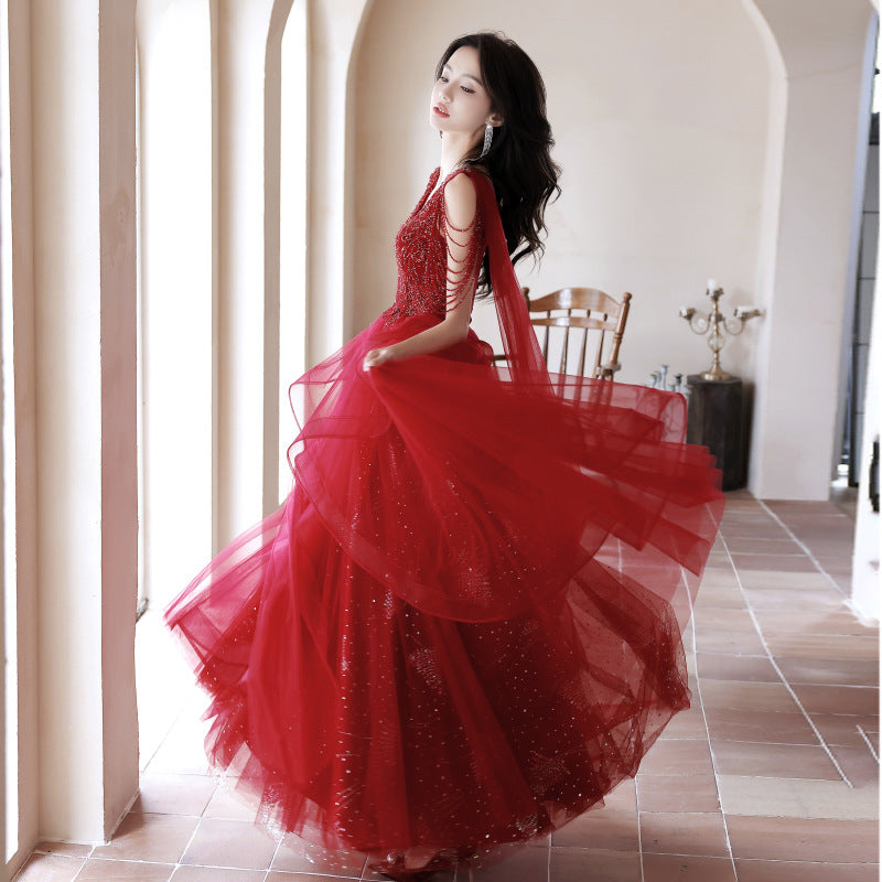 2025 Red evening dress female super fairy veil spring and summer V-neck toasting clothes new bridal toasting clothes wedding dress