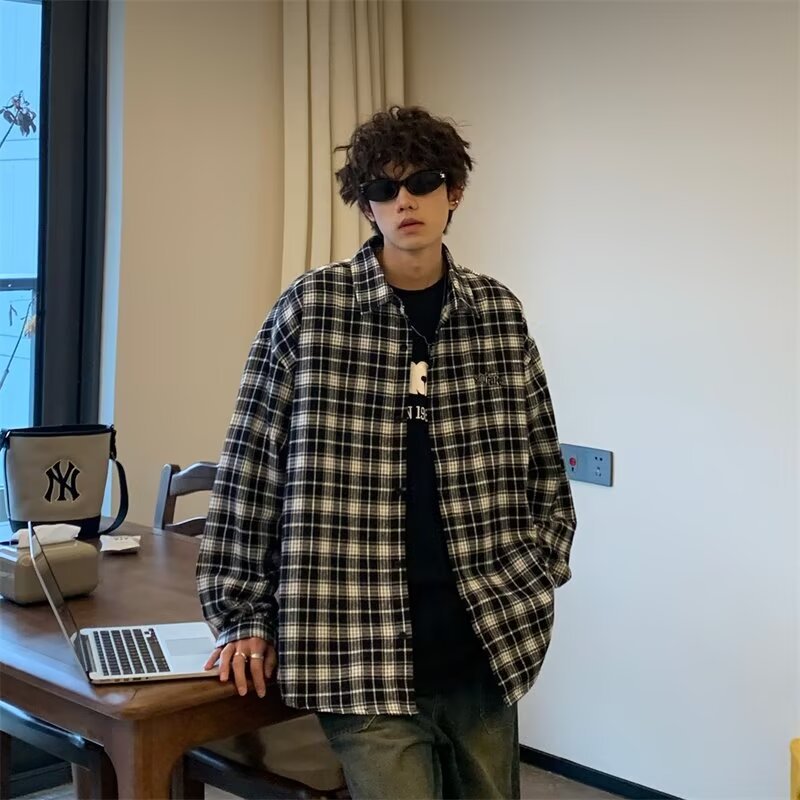 sanyamk frat outfits Autumn 2024 New Long Sleeve Plaid Shirt Boys Trendy American Couple Spring and Autumn Loose Shirt Jacket