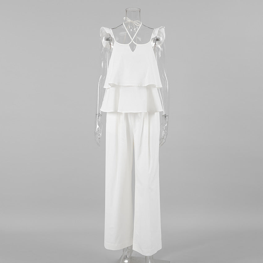 2025 spring and summer cotton and linen sexy V-neck flying sleeves backless lace-up top high waist loose casual trousers suit women
