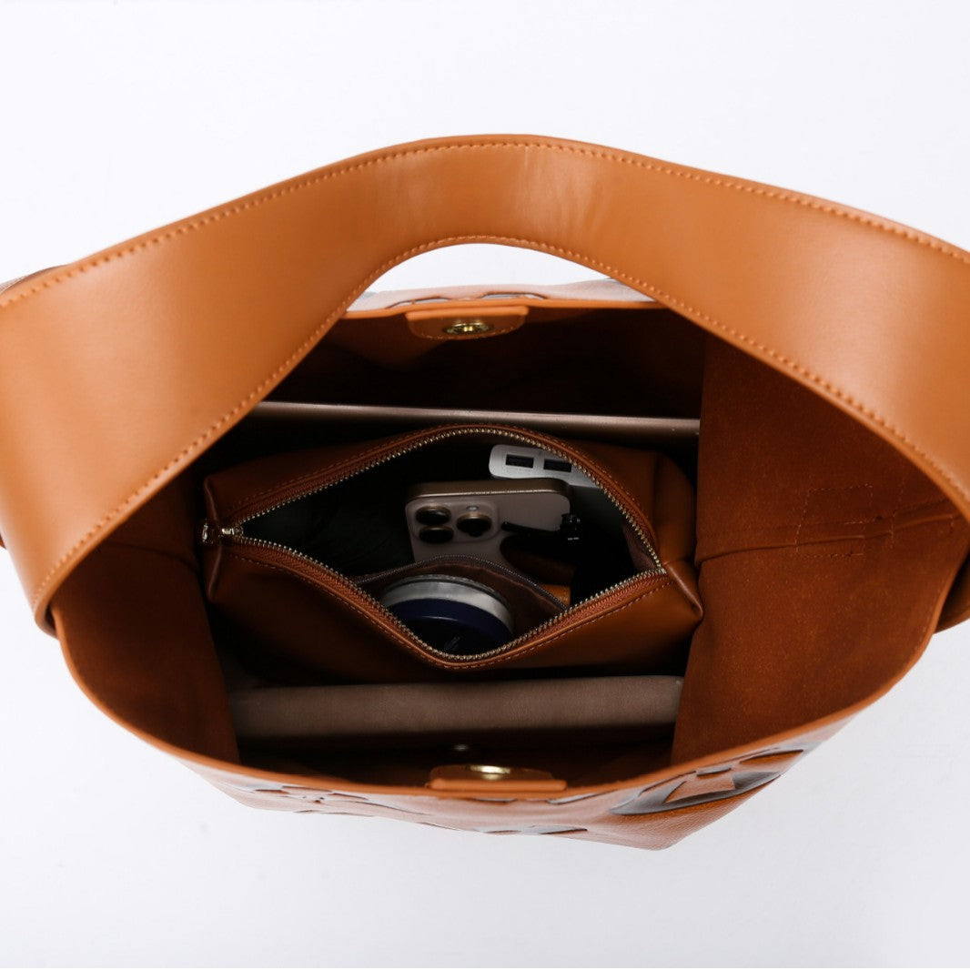2025 Bucket bag women's spring fashion embossed shoulder bag large capacity high sense handbag work commuter bag