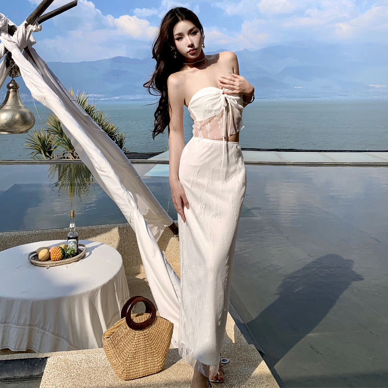 2025 pure desire temperament lace tube top two-piece set summer vacation style suit women's atmosphere white skirt