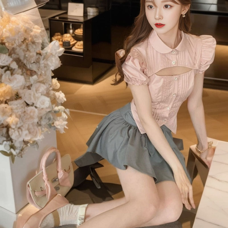Summer new doll collar short-sleeved hollow shirt top gray bow pleated skirt set L4107