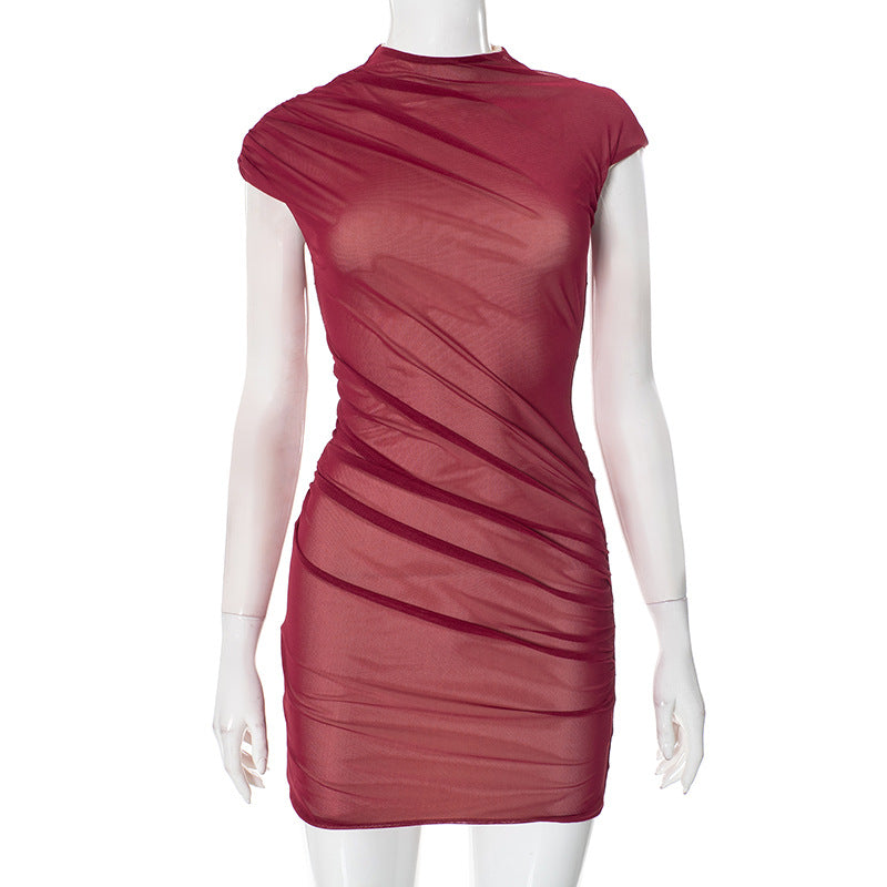 2025 K24DS477 2025 New fashion 2025 spring new semi-turtleneck design mesh sleeveless dress women's clothing
