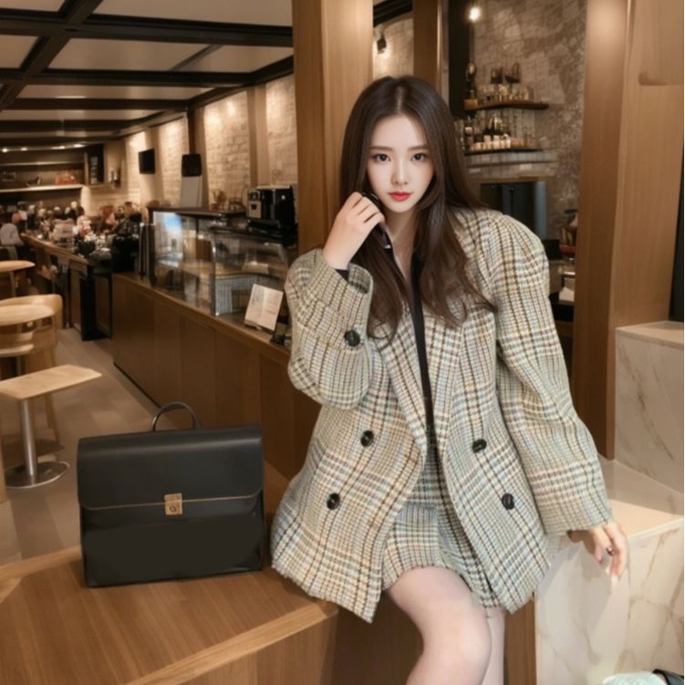 Small women's loose woolen jacket women's autumn and winter new suit collar retro plaid coat KX041