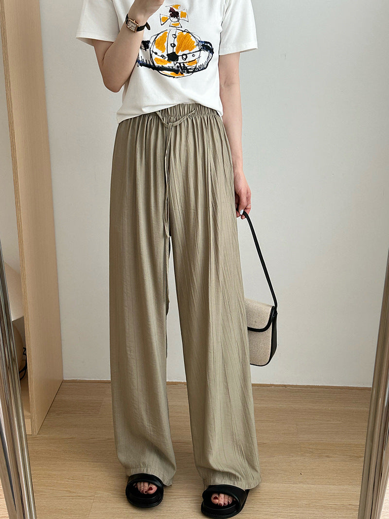 2025 popular spring Korean casual pants elastic waist thin straight drape wide legs mopping loose trousers 7392