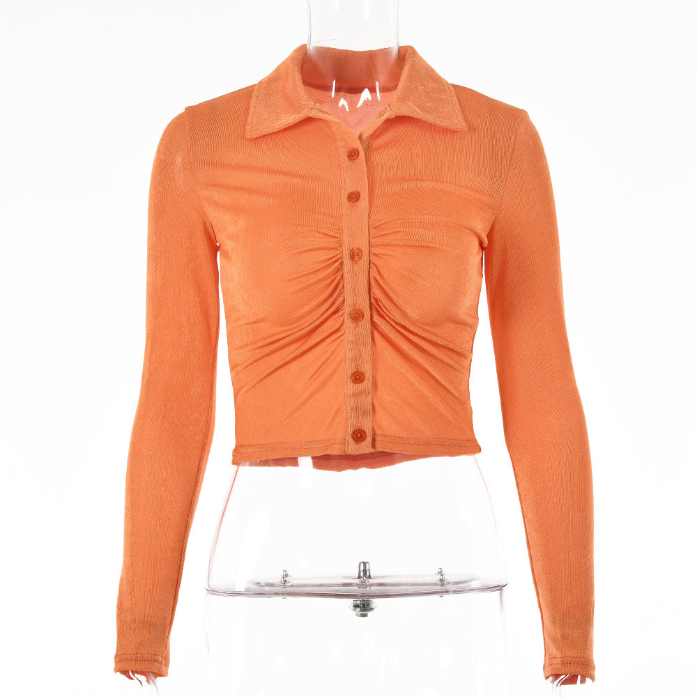 2025 Popular and ins summer new retro cardigan pleated single-breasted T-shirt solid color sexy lapel shirt top women