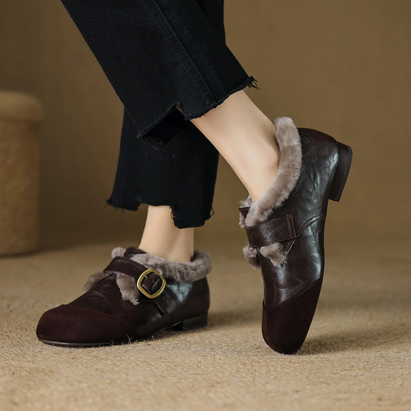 2025 retro flat-soled small leather shoes women's popular new autumn and winter thickened deep-mouth single shoes comfortable cotton shoes