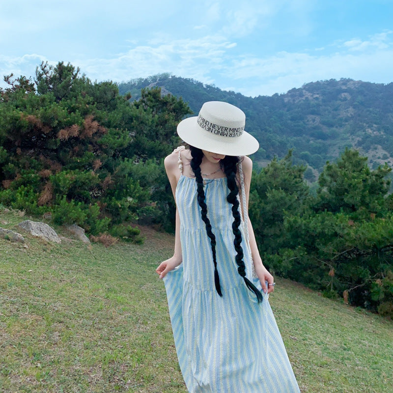 2025 Small blue striped suspender dress children's summer new Sanya seaside vacation beach dress